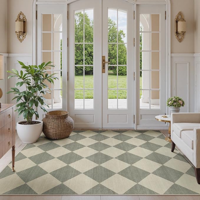 Beeiva Checkered Print 5x7 Rugs for Living Room, Non Slip Soft Green Rugs for Bedroom Ultra Thin Washable Rugs 5x7, Moroccan Farmhouse Carpet for Playroom Kids Room, Classic Classroom Dorm Home Decor