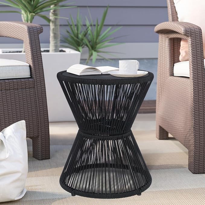 SUNNYPARK Outdoor Side Table 20'' H Small End Tables Woven Rope Weather Resistant with Glass Top Round Coffee Table for Indoor Balcony Patio Poolside (Black)