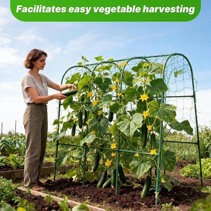 63''X47.2''Cucumber Trellis, Garden Trellis U-Shape Plant Support for Climbing Plants Metel Arch with Netting for Raised Garden Bed Outdoor Cucumbers, Tomatoes, Vine Climbing Plant