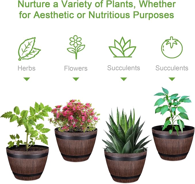 VECELO Plant Pots with Drainage Holes & Saucer, 9/11.3/13 Inch Flower Pots with Tray, 3 Pack Plastic Whiskey Barrel Planters for Indoor & Outdoor Garden Home Plants and Flowers