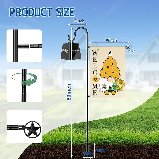 Ottsuls Garden Flag Stand, Heavy Duty Flag Pole Holder with Shepherd Hook for Yard Decoration, 60 INCH Sturdy Yard Flag Post Stake Outdoor Garden Flag Holder for 28''x40'' Flags (Without Flag)