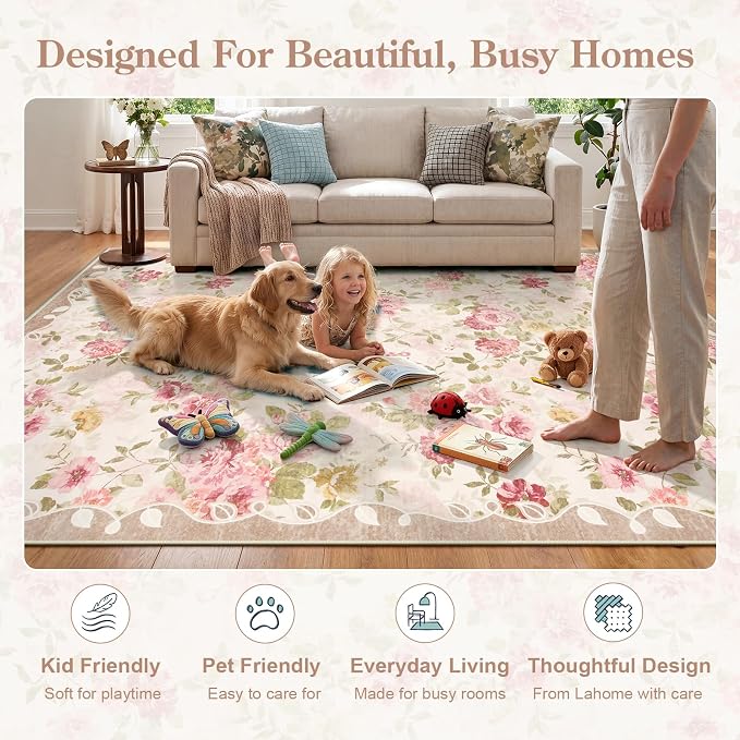 Lahome Pink Floral Nursery Rug 4x6, Low Pile Ultra-Thin Girls Bedroom Rug | Pet Friendly, Easy To Clean Non Slip Carpet For Baby Girl Nursery, Playroom And Cottage Decor