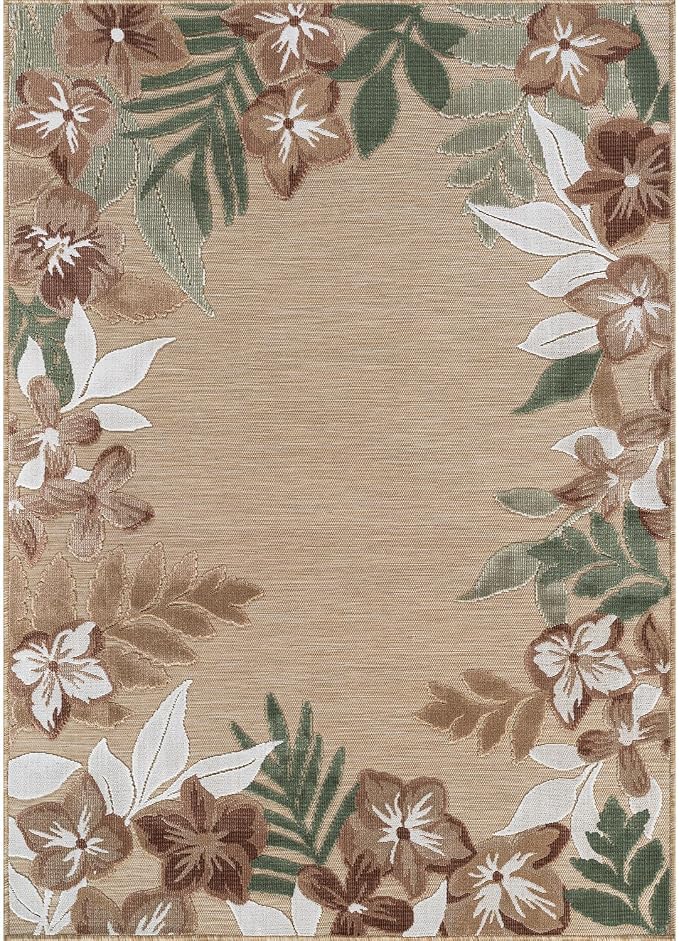 Outdoor Rug 10x14 Washable Area Rugs Indoor Outdoor Carpets Beige Border Floral Non Shedding Waterproof Easy Clean Patio Deck Porch Living Room Bedroom Garden RV (10 X 14 Beige)
