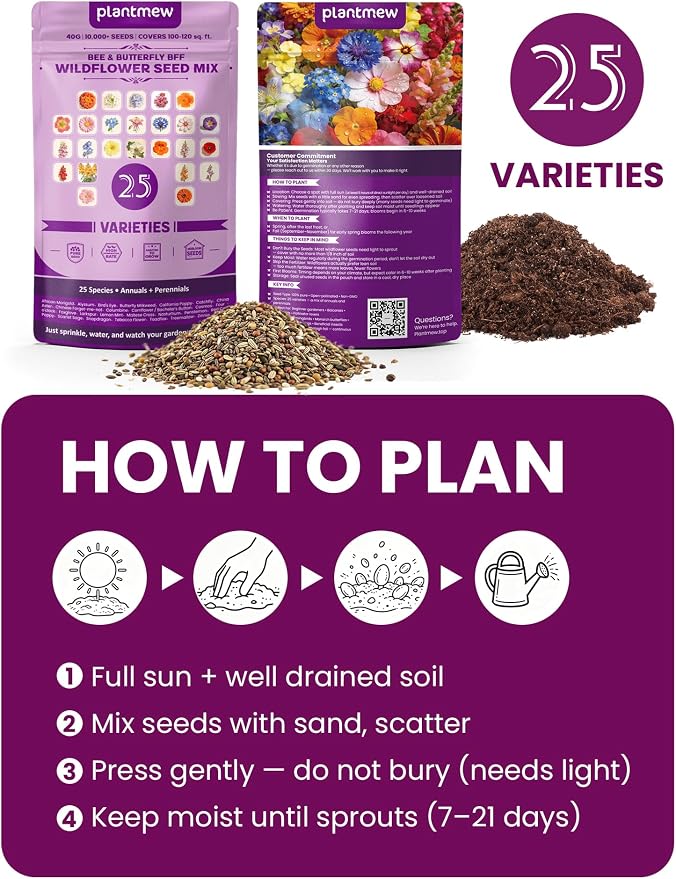 Bee & Butterfly BFF Wildflower Seed Mix – 25 Heirloom Varieties Annual + Perennial, 10,000+ Seeds (40g) Covers 100-120 sq.ft. – High Germination for Outdoor Pollinator Garden