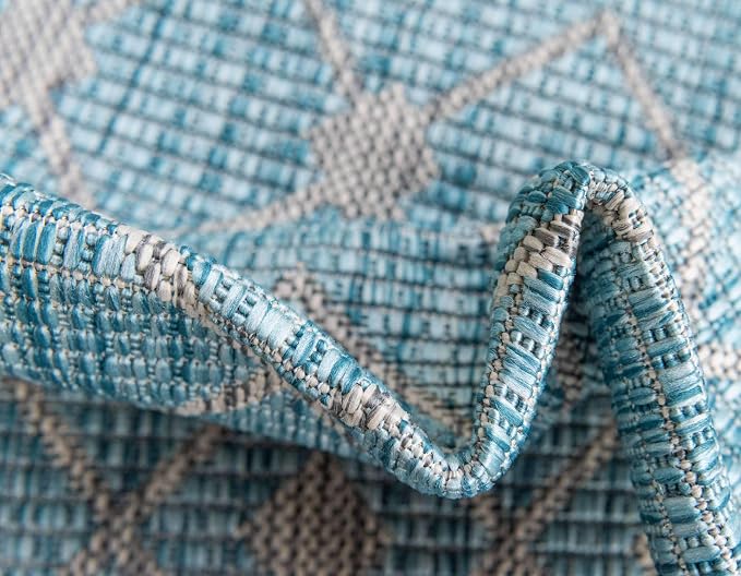 Unique Loom Outdoor Trellis Collection Area Rug - Tribal Trellis (4' 1" Round, Aqua/ Ivory)