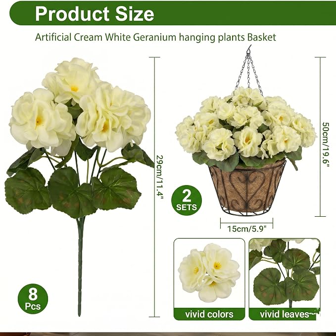 2 Pack Artificial Geraniums Flowers with Hanging Baskets,UV Resistant Silk Faux White Geranium Flowers with Hanging Planters for Outdoor Patio Balcony Front Porch Garden Home Decor