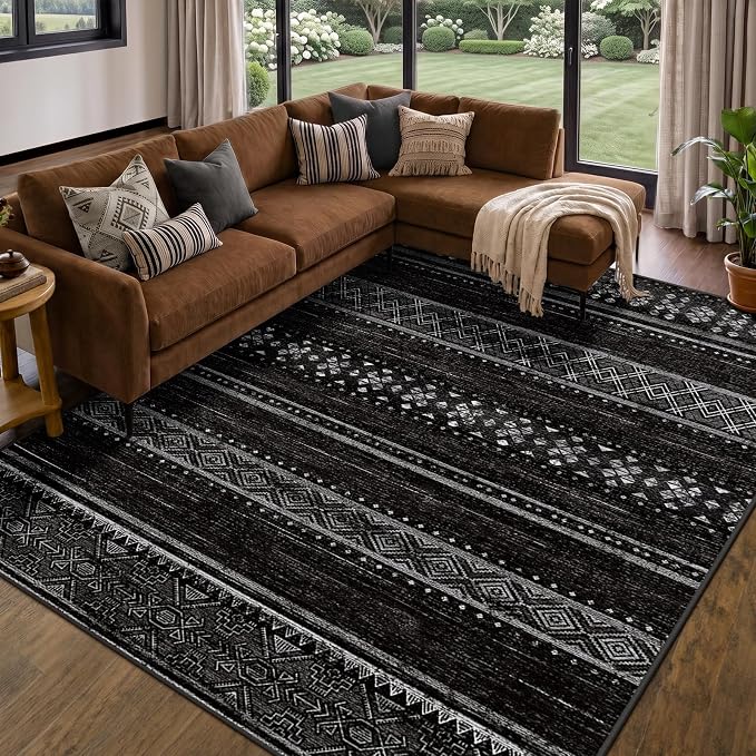 8x10 Washable Area Rugs for Living Room Boho Bedroom Rug Black/White | Vacuum Friendly, Machine Washable, Non-Slip Rug, Stain Resistant, Moroccan Geometric, Low Pile Carpet, Dining Room Kitchen
