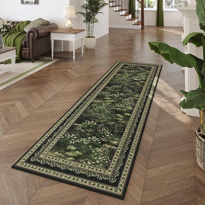 Rugcomf 2x6 Runner Rug Impressionist-Style Vintage Kitchen Rugs Non Slip Washable Soft Carpet Runner for Kitchen Laundry Bedroom Bathroom, Green