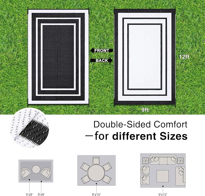 OLANLY Outdoor Rug 9x12 ft Waterproof, Reversible Outdoor Plastic Straw Rug, RV Mat, Indoor Outdoor Carpet Clearance for Patio, Camping, Balcony, Deck, Backyard, Black & White