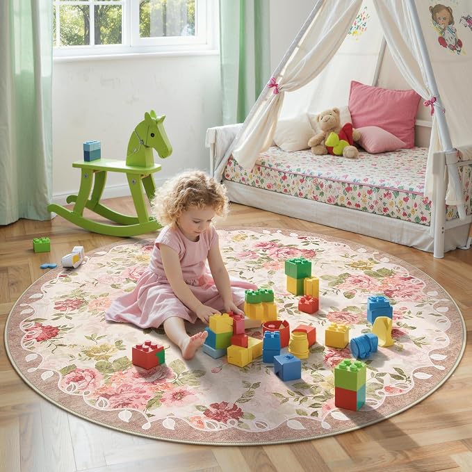 Lahome Floral Boho Round Rugs 6ft,Washable Round Rug for Dining Room Table | Circle Rugs for Living Room Large Round Carpet for Bedroom,Playroom,Nursery,Reading Corner Nina