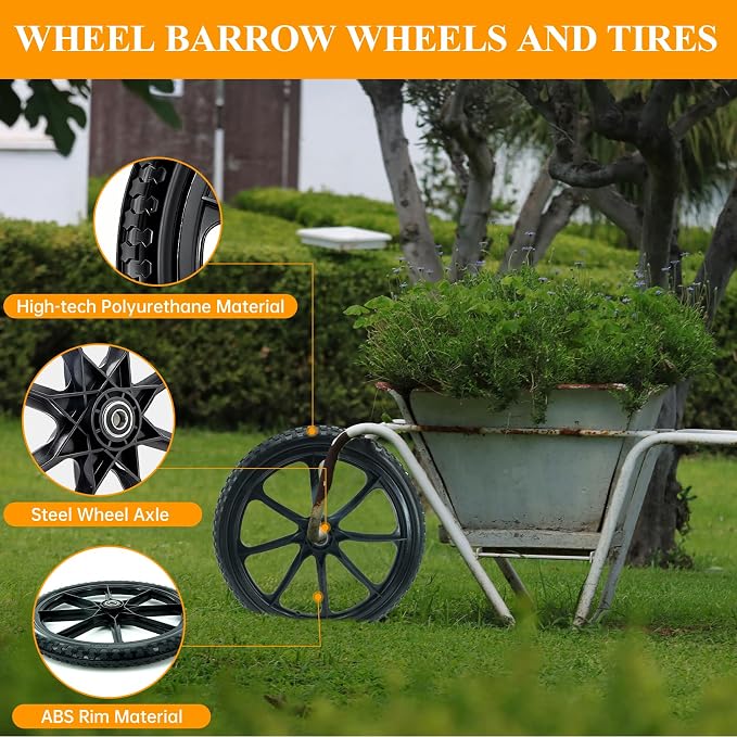 20” Flat Free Wheelbarrow Wheels and Tires, with 2.45” Centered Hub, 5/8” Extra 3/4”Bearing, Compatible with Rubbermaid Wheelbarrow wheels, Garden Carts (2 pcs) (black)