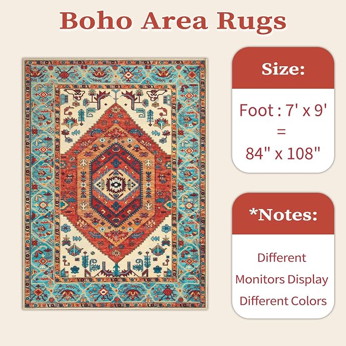 SERISSA 7x9 Washable Non Slip Boho Area Rug for Living Room，Orange | Ultra Soft Vintage Oriental Carpet Low-Pile Distressed Tribal Floor Carpet for Dining Room Bedroom Dorm Office Home Decor