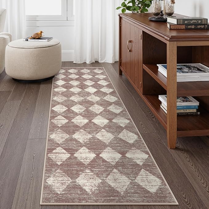 Checkered Kitchen Runner Rug 2x6 Beige, Non Slip Washable Hallway Bathroom