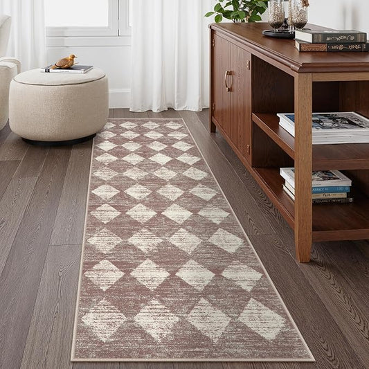 Checkered Kitchen Runner Rug 2x6 Beige, Non Slip Washable Hallway Bathroom