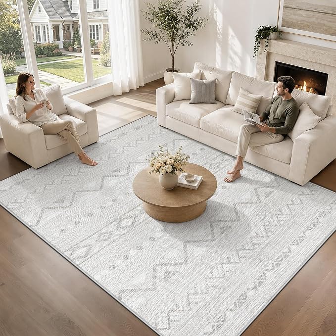 Zomfy Washable Rug 6x9 Area Rugs for Living Room(Grey, 6'x9') | Geometric Boho Modern Rugs Neutral Non Slip Soft Carpet Low Pile No Shedding Print Rug for Bedroom Dining Room Home Office