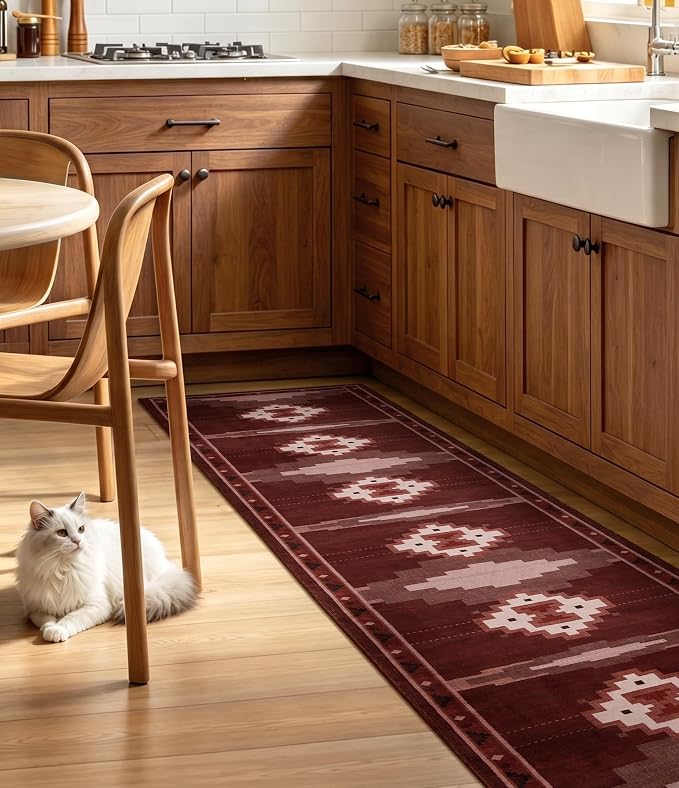 YIHOUSE 2‘x8' Washable Western Red Aztec Runner Rug for Hallway | Non-Slip, Low Pile, Stain Resistant, Southwestern Rustic Retro Long Rug for Kitchen Entryway Bedroom, Red/Brown