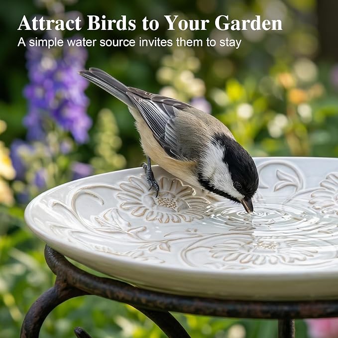 Topadorn Ceramic Bird Bath Bowl for Outdoors, 14.17" Decorative Bird Bath with Embossed Floral Design, Tabletop Birdbath for Garden, Patio, Deck & Balcony