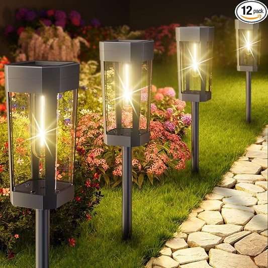 Solar Lights Outdoor Waterproof – 12 Pack Solar Powered Garden Pathway Lights - IP65 LED Landscape Lighting for Walkway Patio Lawn Yard Porch Decor