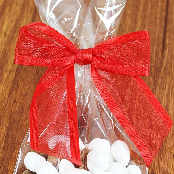 Red Pre-Tied Organza Bows with Twist Ties. Pack of 12 Satin-Edged Fabric Bows Made of 1-1/2" Ribbon. Bow Measures 4" Wide (12, Red)