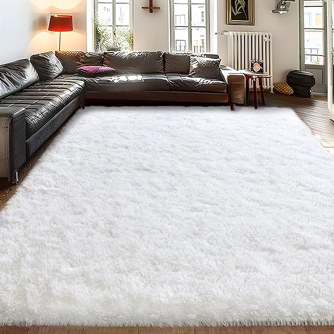 9x12 Large Fluffy Area Rugs for Living Room, White | Upgrade Non-slip, Washable, Flame Resistant, High Pile Big 9 x 12 Shag Rug Plush Carpet for Bedroom Kids Room Dorm Home Decor