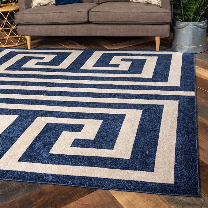 Unique Loom Athens Collection Classic Geometric Modern Border Design Area Rug (8' 0 x 8' 0 Square, Navy Blue/ Beige)