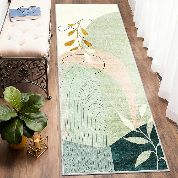 Washable Runner Rug 2x6 Area Rug Non Slip Mid Century Modern | Long Throw Carpet Runner for Hallway Kitchen Bedroom Bedside Laundry Room Floor Boho Abstract Retro Geometric Green