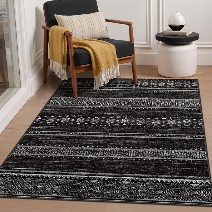 4x6 Washable Area Rugs for Living Room Boho Bedroom Rug Black/White | Vacuum Friendly, Machine Washable, Non-Slip Rug, Stain Resistant, Moroccan Geometric, Low Pile Carpet, Dining Room Kitchen