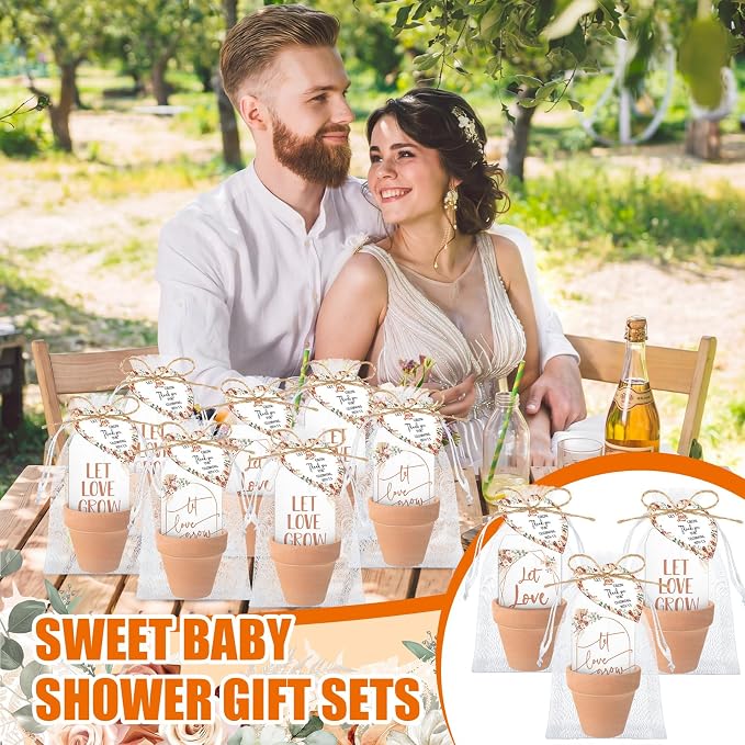 Reallnaive 24 Sets Wedding Favor Flower Seeds Let Love Grow Seed Packets for Guests Family Reunion Wildflower Mini Terracotta Pots Seed Packets Self Adhesive Envelopes Thank You Tags Organza Bags