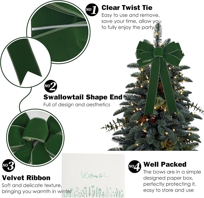 13" Moss Green Bow Pre-Tied Bow for Christmas Tree, Green Velvet Ribbon Bows for Wreaths, Premade Tree Toppers Bows for Gift Wrapping, Party Favor, Christmas Home Indoor Outdoor Decor-1 Count