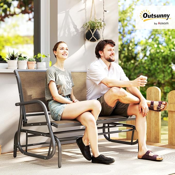 Outsunny 2-Person Outdoor Glider Bench, Patio Double Swing Rocking Chair Loveseat w/Powder Coated Steel Frame for Backyard Garden Porch, Light Mixed Brown