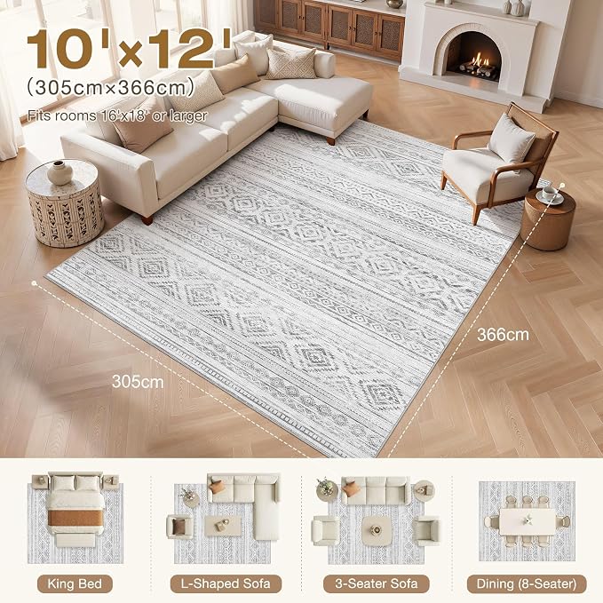 cotiled Boho 10x12 Area Rug for Living Room: Large Moroccan Washable Rug | Solve Modern Neutral Trendy Home Decor - Stain Resistan Carpet for Bedroom Farmhouse Light Grey