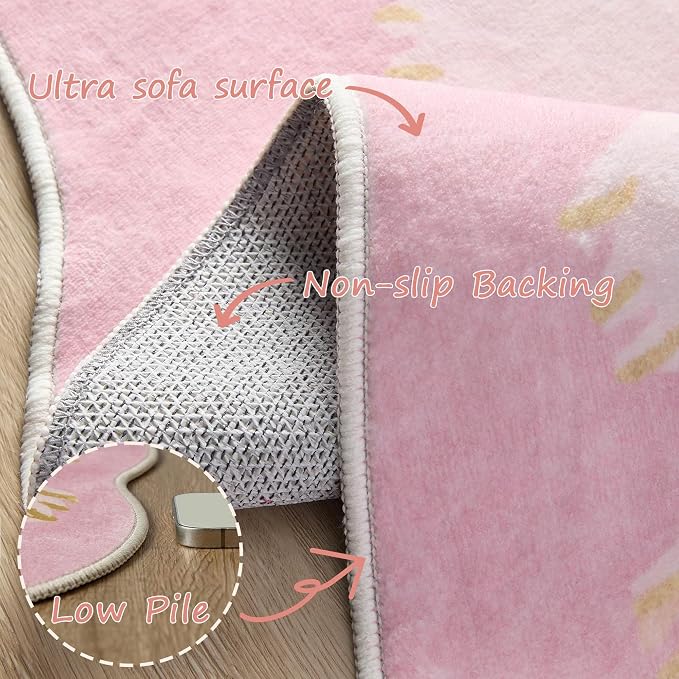 Latte&Fog 6ft Pink Round Area Rug for Girl Bedroom Washable Cute Circle Rug | Non Slip Low Pile Soft Floral Indoor Carpet for Living Room Kids Playroom Nursery Classroom Dorm Decor Dining Kitchen Office