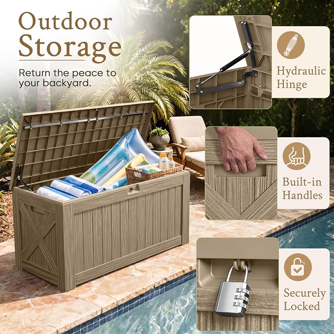 Devoko 120 Gallon Deck Box Resin Outdoor Storage Box Waterproof for Patio, Large Outdoor Storage Bench Lockable for Outside (Brown)