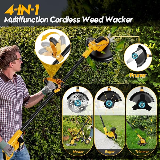 20000 RPM Heavy Duty Stringless Weed Wacker Edger, Cordless Electric Weed Eater Battery Powered 6000mAh, Brush Cutter Lawn Tool/Weed Trimmer/Grass Trimmer W/Wheel Metal Blade, 2 Battery