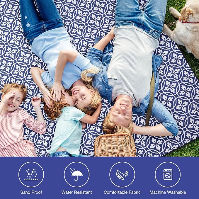WILLOW WEAVE Picnic Blanket, 80''x80'' Waterproof Outdoor Blankets, Picnic Mat Washable for Beach, Picnic Blankets for Camping on Grass with Shoulder Strap - NavyBlue