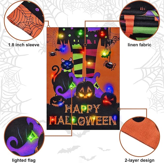 Halloween Lighted Garden Flag,Solar Outdoor Decor Yard Flag,8 Modes Led Witch Feet Shape Flag,12x18 Double Sided Cauldron Eyeball Black Cat Decorations for Home Porch
