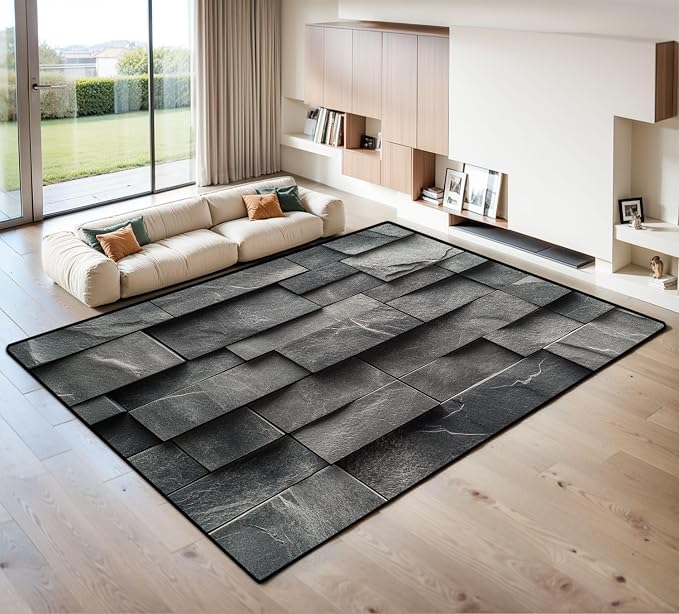 9x12 Area Rugs for Living Room Stone Tiles Layered Blocks Rectangular Forms Subtle Cracks Matte Washable Large Area Rug for Bedroom Non Slip Outdoor Carpets Soft Mats Kitchen Home Office Decor
