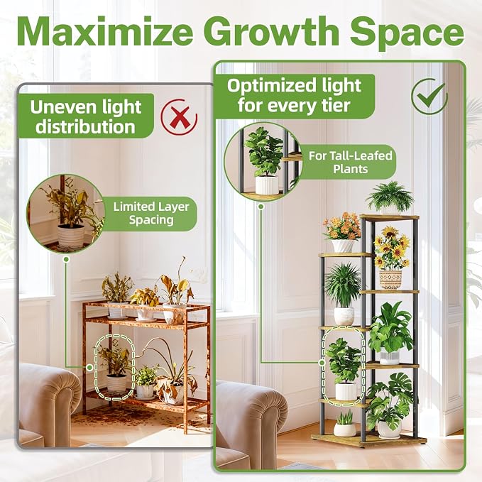iDavosic.ly Tall Plant Stand Indoor for Large & Heavy Duty Planters, 6 Tier Corner Flower Shelf with Wooden Trays & Metal Frame, 49 Inch Orchid Rack for Living Room Balcony Porch, Black & Brown