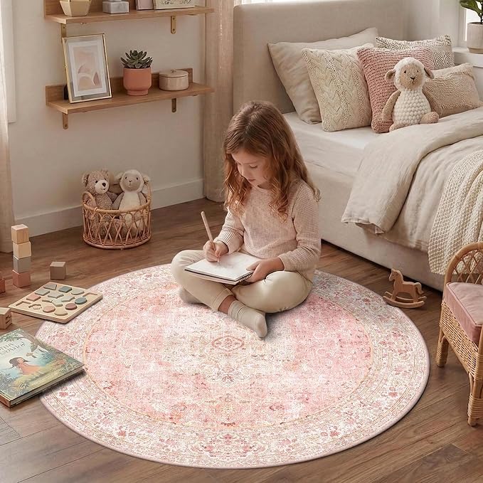 Latte&Fog 4ft Pink Round Area Rug for Girl Bedroom Washable Cute Circle Rug | Non Slip Low Pile Soft Floral Small Carpet for Kids Playroom Nursery Classroom Dorm Decor Dining Kitchen Farmhouse Office