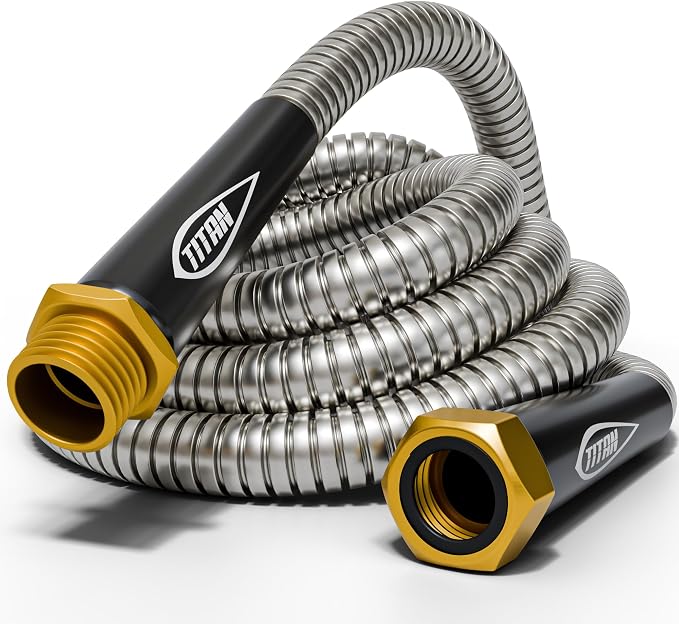 TITAN Garden Hose 50FT - 304 Stainless Steel Metal Water Hose, Flexible, Kink-Free, Lightweight, Durable, Crush Resistant Fittings, Easy to Coil, 500 PSI