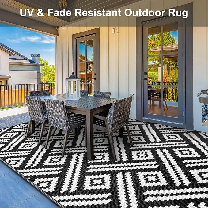 Outdoor Patio Plastic Straw Rug - 8x10 ft Outdoor Camping Rug Waterproof Reversible, Area Carpet Patios RV, Outside Porch Balcony Deck for Camper, Moden Black White