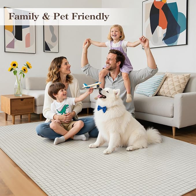 STARUIA Washable Rugs for Living Room, 5x7 Plaid Beige Area Rugs Non Slip Modern Neutral Geometric Bedroom Rug, Low Pile Soft Checkered Grid Carpet for Dining Room Nursery Home Office (Beige,5'x7')