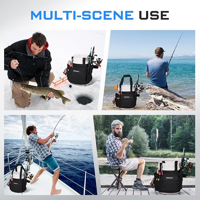 Boomistry Fishing Bucket Organizer for 5 Gallon Bucket, Black | 15 Multi-Pockets, 4 Built-in Rod Holder Storage, 3 Adjustable Buckles, for All Fishing Gear & Tackle Accessories
