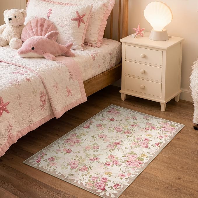 Lahome Pink Floral Bathroom Rug 2x3, Low Pile Ultra-Thin Bath Mat | Pet Friendly, Easy To Clean Non Slip Carpet For Bathroom Vanity, Bedside And Cottage Decor