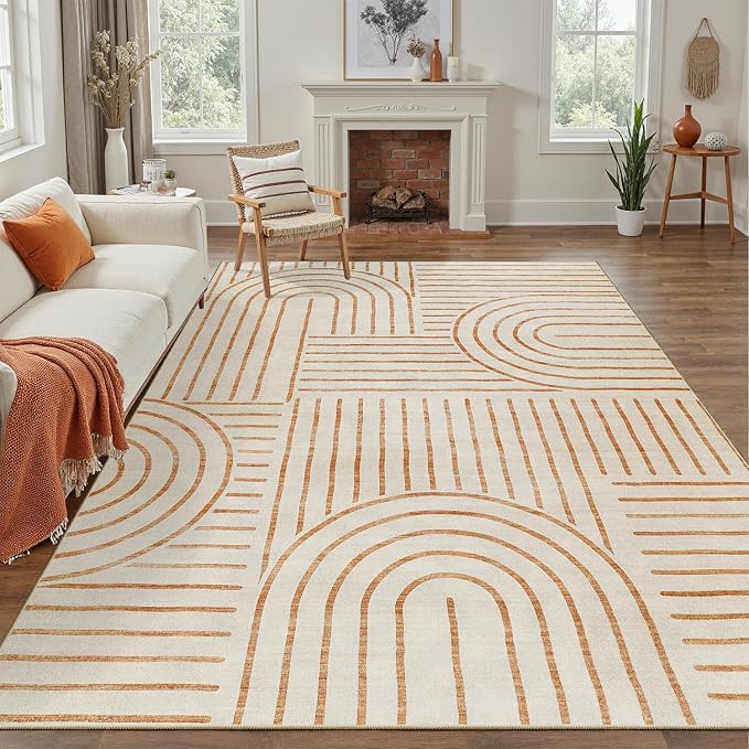 DCX Abstract Washable 6x9 Rug, Non Slip Low Pile Rug, Beige | Rugs for living room, bedroom, dining room, office, soft, mid century modern rug, sain resistant indoor carpet, home decor