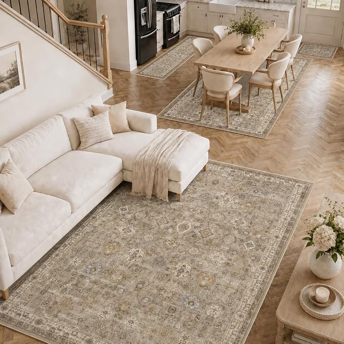 2x6 Hallway Washable Runner Rug : Vintage Soft Kitchen Runner | Vintage Farmhouse Boho Floral Neutral Washable Stain Resistant Indoor Rugs for Home Decor