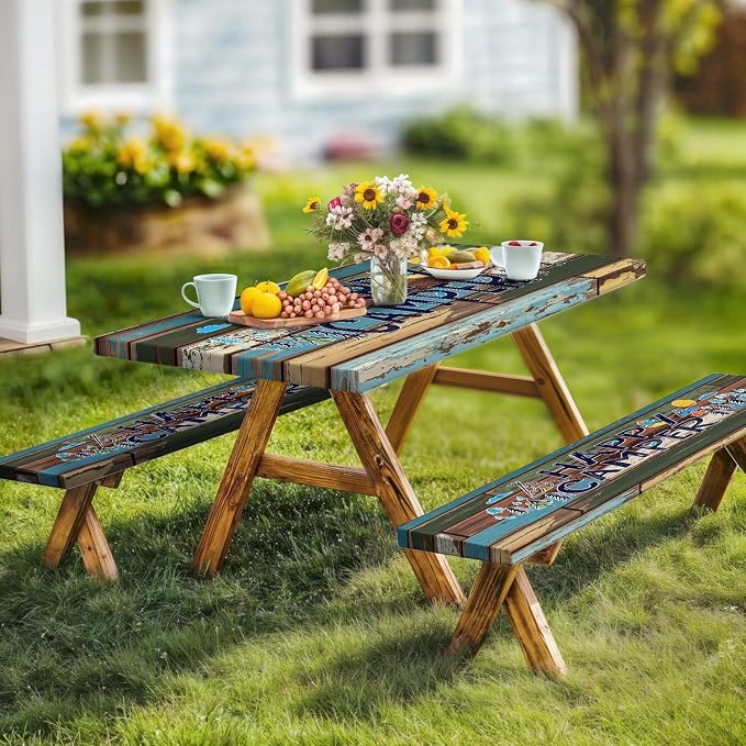 Picnic Table Cover with Bench Covers and Bag, Outdoor Wooden Camping Camper RV Wood Waterproof Windproof Tablecloth with Elastic Edges, Camping Accessories RV Gear Campers 96x30 Inches 3 Pcs Set