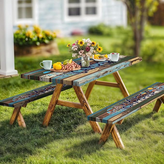 Picnic Table Cover with Bench Covers and Bag, Outdoor Wooden Camping Camper RV Wood Waterproof Windproof Tablecloth with Elastic Edges, Camping Accessories RV Gear Campers 60x30 Inches 3 Pcs Set