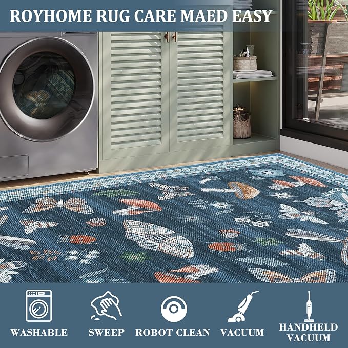 2.5x8 Runner Rug for Hallway Washable Kitchen Rugs Non Slip with Rubber Back Mushroom Soft Low-Pile Stain Resistant Foldable Indoor Carpet for Entryway Laundry Room Floor Mats Blue