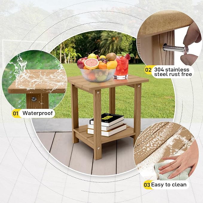 Melucivi Weather Resistant Outdoor Side Table, Double Small Adirondack Side Table for Adirondack Chair - Indoor Outdoor End Table, Patio Table for Pool, Deck and Porch (Brown)